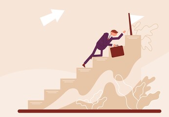Businessman crawls to the end on a development ladder. Color vector cartoon illustration.