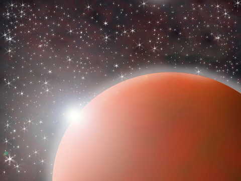 Red planet in the background of starry space. 