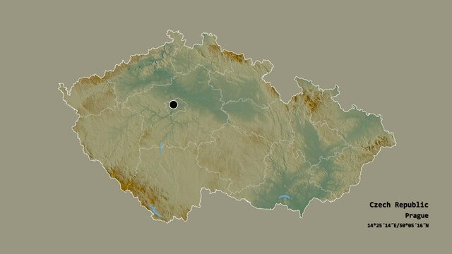 Libereck&yacute;, region of Czech Republic, with its capital, localized, outlined and zoomed with informative overlays on a relief map in the Stereographic projection. Animation 3D