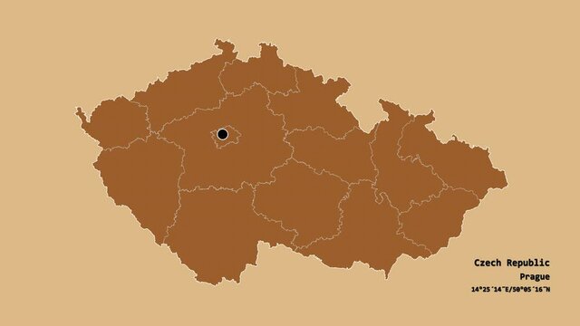 Pardubick&yacute;, region of Czech Republic, with its capital, localized, outlined and zoomed with informative overlays on a solid patterned map in the Stereographic projection. Animation 3D