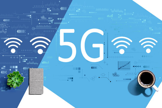 5G network with a cup of coffee and a notebook