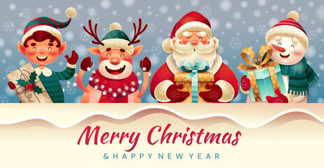 Merry Christmas and New Year banner with happy smiling Santa Claus, elf, reindeer, and snowman above text with snow, colored vector illustration