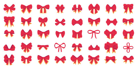 Red bow set. Cartoon vector red bows with yellow line ribbons satin bows for Xmas gifts, present cards, Kurban Bayram or Eid Al Adha and luxury wrap pack isolated on white backgrounds