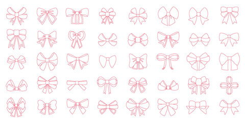 Editable line icon of red bow set. Vector red bows with yellow line ribbons satin bows for xmas gifts, present cards and luxury wrap pack isolated on white backgrounds