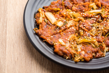 Kimchi pancake (Kimchijeon) on plate, Korean food