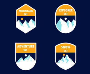 Set of Ski Club logos. Vintage Mountain winter camping explorer badges. Outdoor adventure logo design. Snowboard icon symbol.