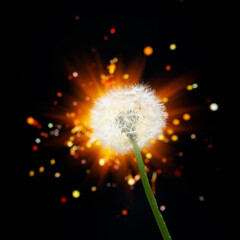 dandelion flower on shiny firework background