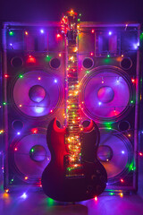 abstract guitar with festive Christmas lights and music speakers