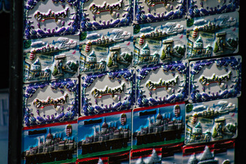 View of decorative objects sold in a souvenirs shop located in the historical streets of Budapest, the capital of Hungary  