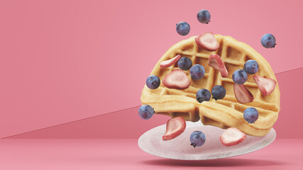 Belgium Waffle with Strawberries & Blueberries Float in Air