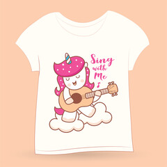 Cute unicorn playing guitar cartoon for t shirt