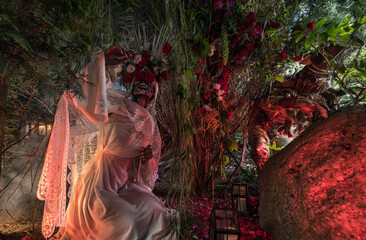 Fototapeta na wymiar Fabulous stylization of Santa Muerte - Holy Death - modern religious cult. Concept Art fairy tale photo.