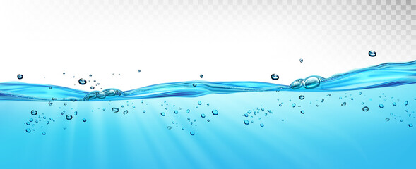 Water waves with air bubbles and sunbeams on transparent background. Vector illustration