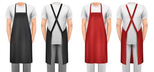 Black and red cotton kitchen apron set. Design template, mock up for branding, advertising etc. Vector illustration.