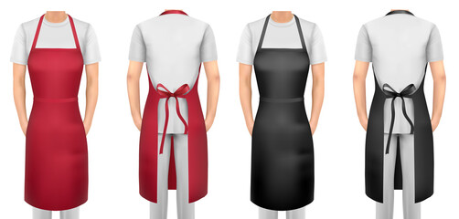 Black and red cotton kitchen apron set. Design template, mock up for branding, advertising etc. Vector illustration.