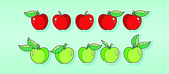 set of apple with leaves. isolated vector illustration on tosca background