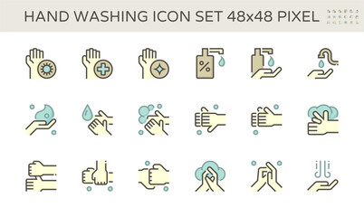 Wash hands and hygiene vector icon set design, 64x64 pixel perfect and editable stroke.