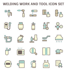 Welding work and tool such as welding torch, gas cutting tool, welding cabinet and other vector icon set design.
