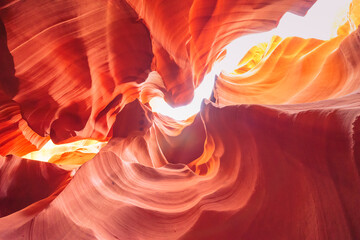 Beautiful wide angle view of amazing sandstone formations in famous Antelope Canyon on a sunny day in the morning near the old town of Page at Lake Powell, American Southwest, Arizona, USA