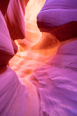 Obraz premium Beautiful wide angle view of amazing sandstone formations in famous Antelope Canyon on a sunny day in the morning near the old town of Page at Lake Powell, American Southwest, Arizona, USA
