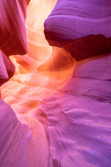Obraz premium Beautiful wide angle view of amazing sandstone formations in famous Antelope Canyon on a sunny day in the morning near the old town of Page at Lake Powell, American Southwest, Arizona, USA