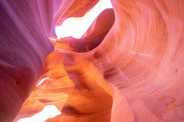 Beautiful wide angle view of amazing sandstone formations in famous Antelope Canyon on a sunny day in the morning near the old town of Page at Lake Powell, American Southwest, Arizona, USA