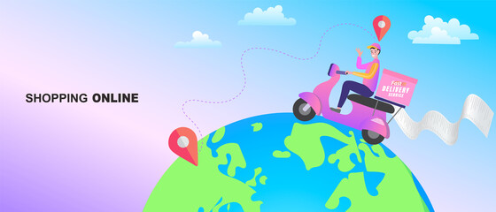 The delivery man is riding a scooter on the globe. Shopping on social networks flat design style. Online shopping vector illustration.