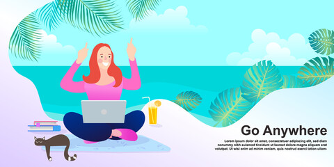 woman working online on the beach