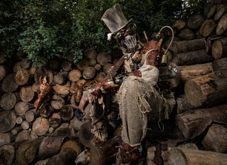 Futuristic character cyborg stalker. Art Photography in steampunk style.