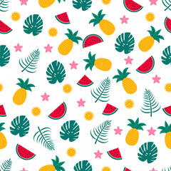 Fototapeta premium Summer seamless pattern with watermelons, pineapples and palm leaves. Seasonal vector background. Easy to edit template with for poster, card, banner, flyer, sticker, fabric, clothes