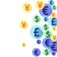 Euro dollar pound yen round symbols flying money vector background. Jackpot concept. Currency icons 