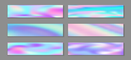 Fototapeta premium Holographic bright banner horizontal fluid gradient unicorn backgrounds vector set. Iridescent neon 