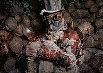 Futuristic character cyborg stalker. Art Photography in steampunk style.