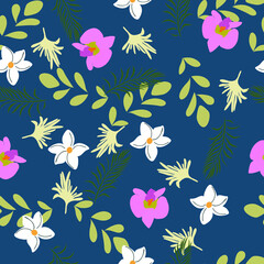 Fototapeta na wymiar Seamless Floral Vector Pattern. Purple and white flowers with blue background