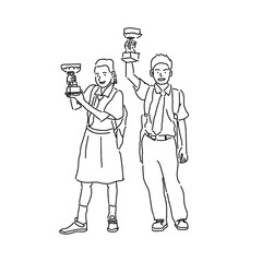 students with trophies Monoline Illustration