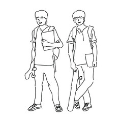 students and skateboards Monoline Illustration