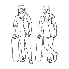 students hold skateboards Monoline Illustration
