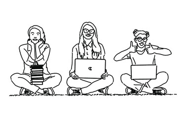 Female Student with Laptop Monoline Illustration