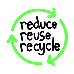 Reduce, Reuse, Recycle hand drawn lettering and doodles. Sustainability concept. Modern brush calligraphy. Isolated on white background.