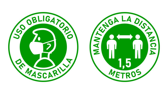 Set of Round Sticker Signs in Spanish "Uso Obligatorio de Mascarilla" (Face Masks Required) and "Mantenga La Distancia 1,5 Metros" (Keep Your Distance 1,5 Meters). Vector Image.