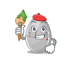 An artistic egg kitchen timer artist mascot design paint using a brush
