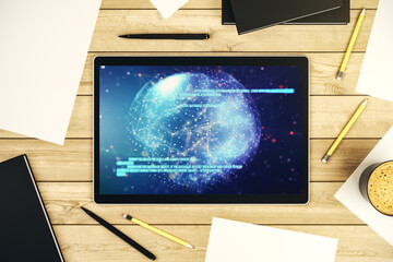 Abstract creative coding illustration with world map on modern digital tablet display, international software development concept. Top view. 3D Rendering