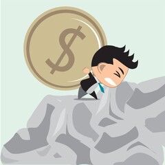 businessman carrying a coin up the mountain