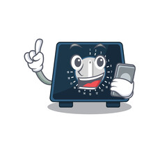 Kitchen timer caricature character speaking with friends on phone