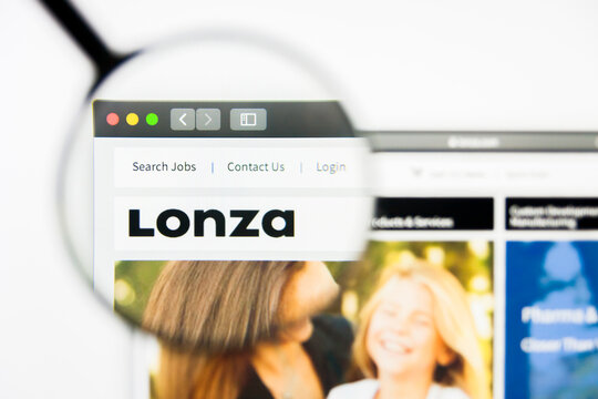 Los Angeles, California, USA - 8 April 2019: Illustrative Editorial of Lonza Group website homepage. Lonza Group logo visible on display screen.