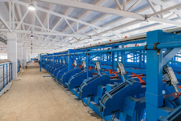 Industrial interior at a modern sawmill. Production of timber from wood. Woodworking. Machining logs. The logs in the sawmill are moving along a conveyor belt