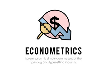 Vector finance illustration. Logo econometrics. Dollar icon, arrow pointing down on it, magnifier, inscription econometrics