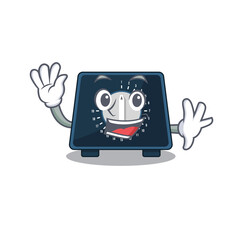 A charming kitchen timer mascot design style smiling and waving hand