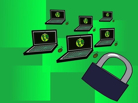 digital security concept. laptops closed padlock. illustration