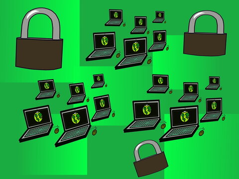 closed padlocks. computers. copy space. protection againsts digital attacks concept